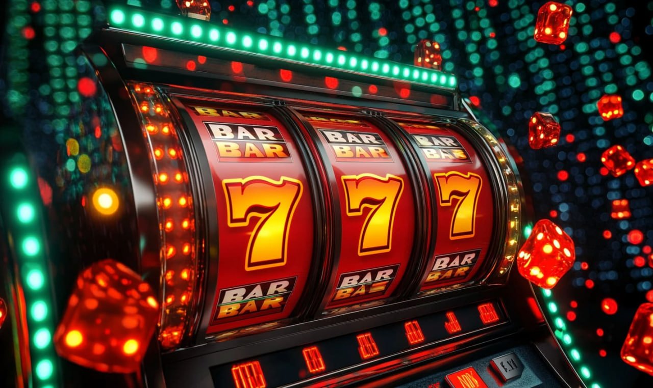 Slot machine digital dengan tampilan warna-warni dan efek suara hiburan
